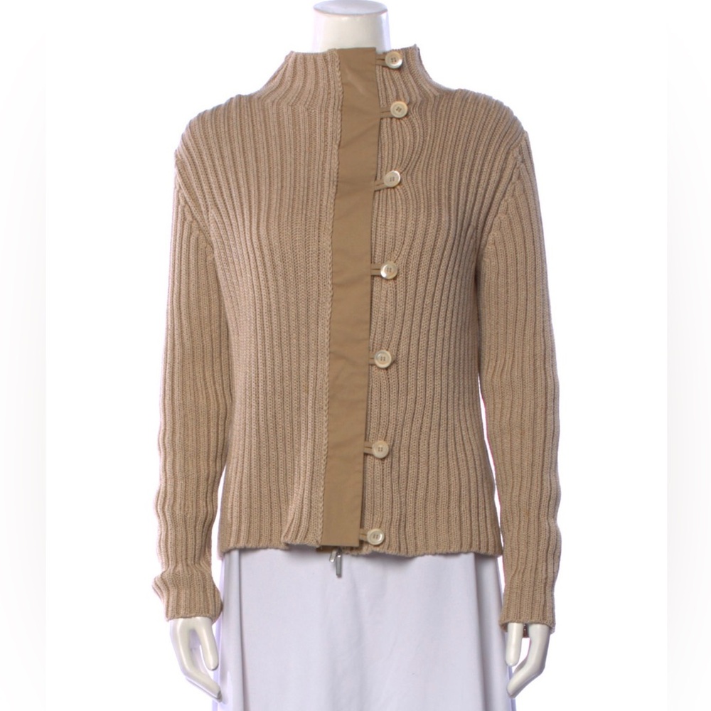 'S Max Mara Mock Neck Button Front Hidden Zip Cotton Ribbed Knit Sweater Size M